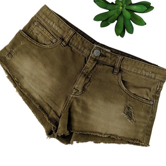 Free People Distressed Raw Cut Off Shorts Olive 26 - Picture 1 of 9